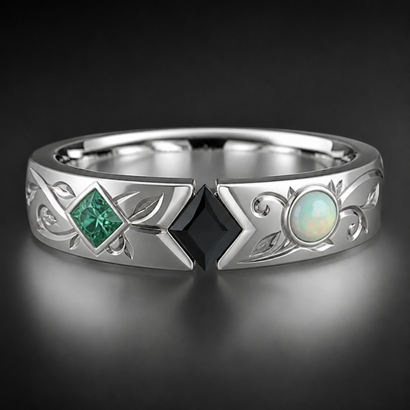 Add a emerald green diamond on the side and a opal on the other
edit the attached jewelry design with these instructions: Add a emerald green diamond on the side and a opal on the other. keep it photorealistic, just the design no text