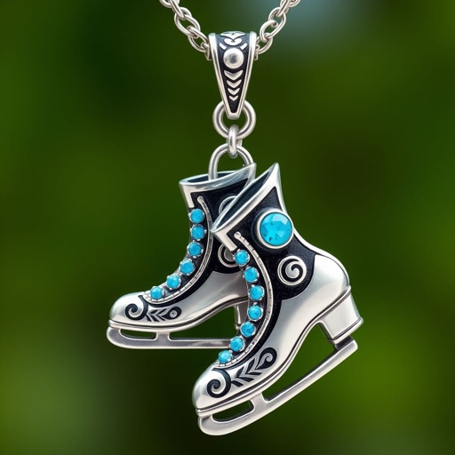 Pendant silver with stylized ice figure skating skates. Remove boots and leave only lowest part of skates. Add turquoise