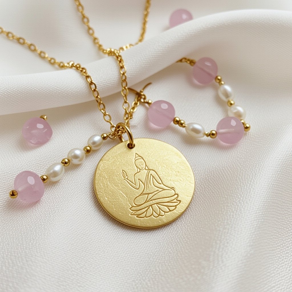Кулон на длинной цепочке. Матовое светлое золото. В цепочке небольшие камушки розового необработанного кварца и жемчуга. Кулон в форме неровного мятого круга. На круге изображен силуэт девушки в позе лотоса нечетко