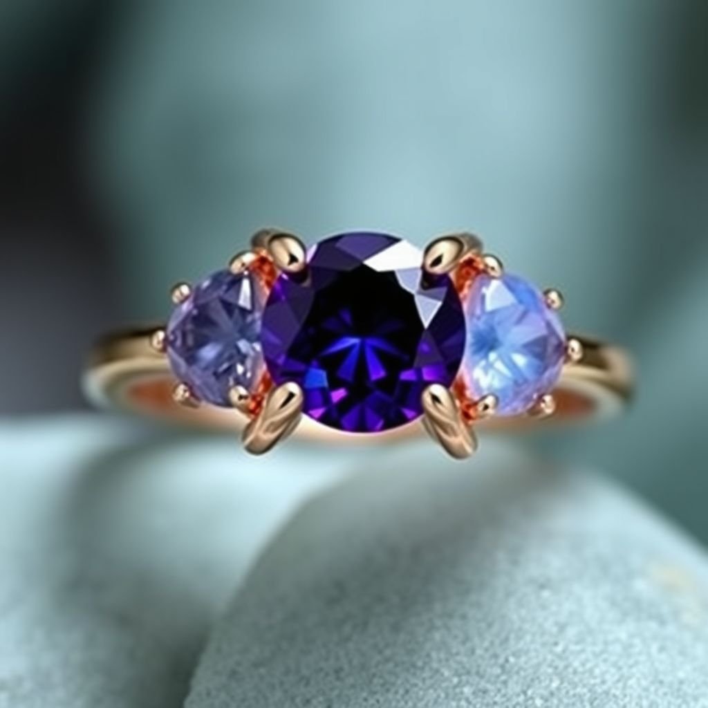 A simple, three stone 18 karat rose gold engagement ring set with a circular purple alexandrite. Also set with a small half moon cut blue chalcedony on one side right next to it, and a small half moon cut moonstone set on the other side right next to it. On the inside of the band, it has an inscription reading, “Tuum. Et in hac vita et in altera.”