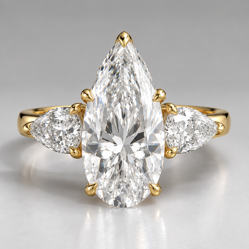 Make the stone longer and the setting in gold
edit the attached jewelry design with these instructions: Make the stone longer and the setting in gold. keep it photorealistic, just the design no text