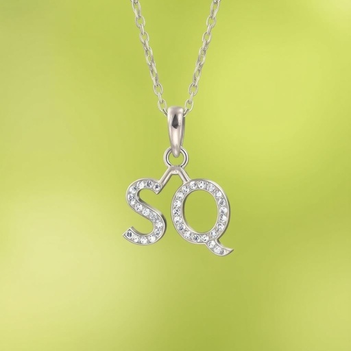silver necklace with the pendant in letter letters SQ with white  stones. Make it cute and simple 