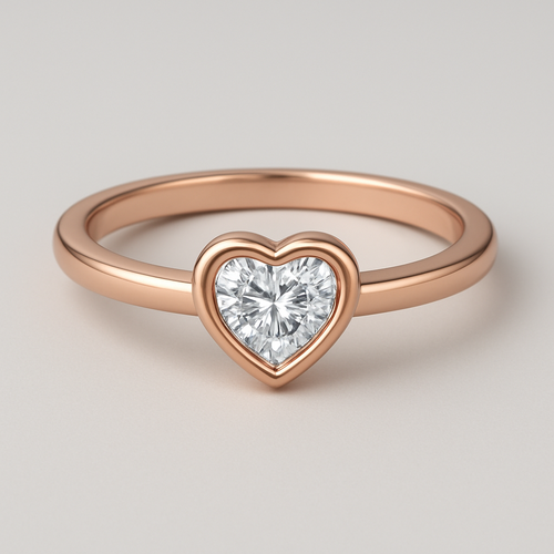 A rose gold ring with a diamond orb in the middle that doesn’t stick out to much and in the shape of a heart