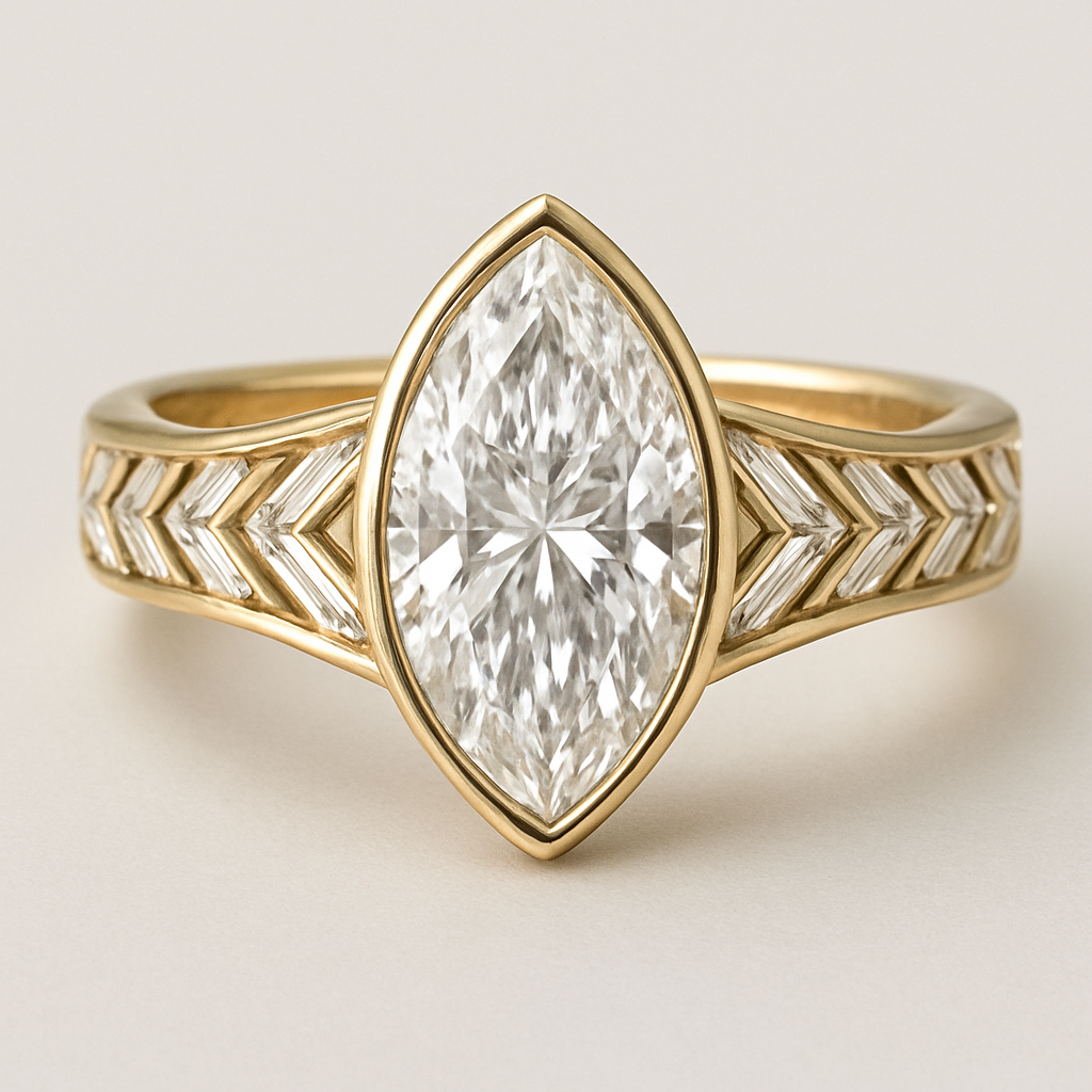 Bezel set 6 carat marquise diamond center stone with baguette diamonds in a herringbone pattern in the band