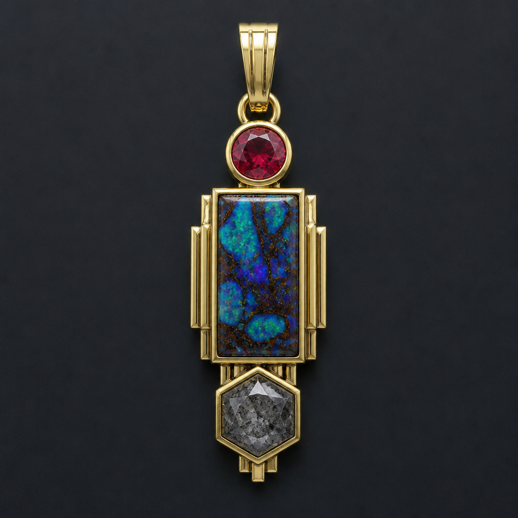5 mm round red beryl, rectangle boulder opal, 5 mm hexagon salt and pepper diamond pendant
photorealistic jewelry design, 5 mm round red beryl, rectangle boulder opal, 5 mm hexagon salt and pepper diamond pendant, art_deco style, just the design no text