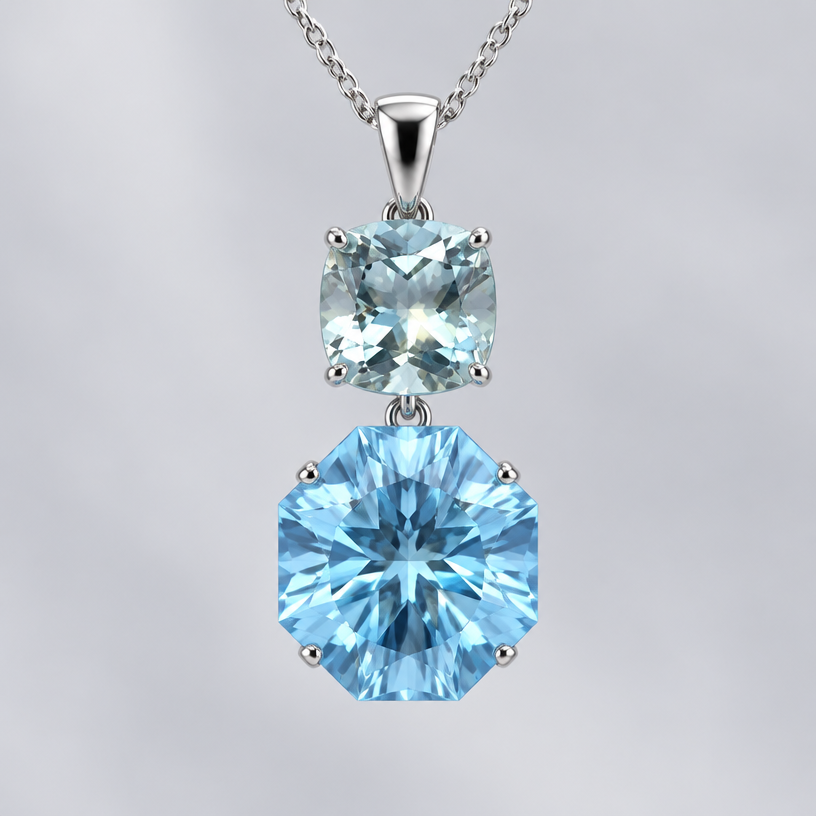 A women's pendant. 4ct sky blue topaz octogan fancy cut and a 2.3 aquamarine cushion cut in white gold
using the attached image as a visual reference, create A women's pendant. 4ct sky blue topaz octogan fancy cut and a 2.3 aquamarine cushion cut in white gold. photorealistic, just the design no text