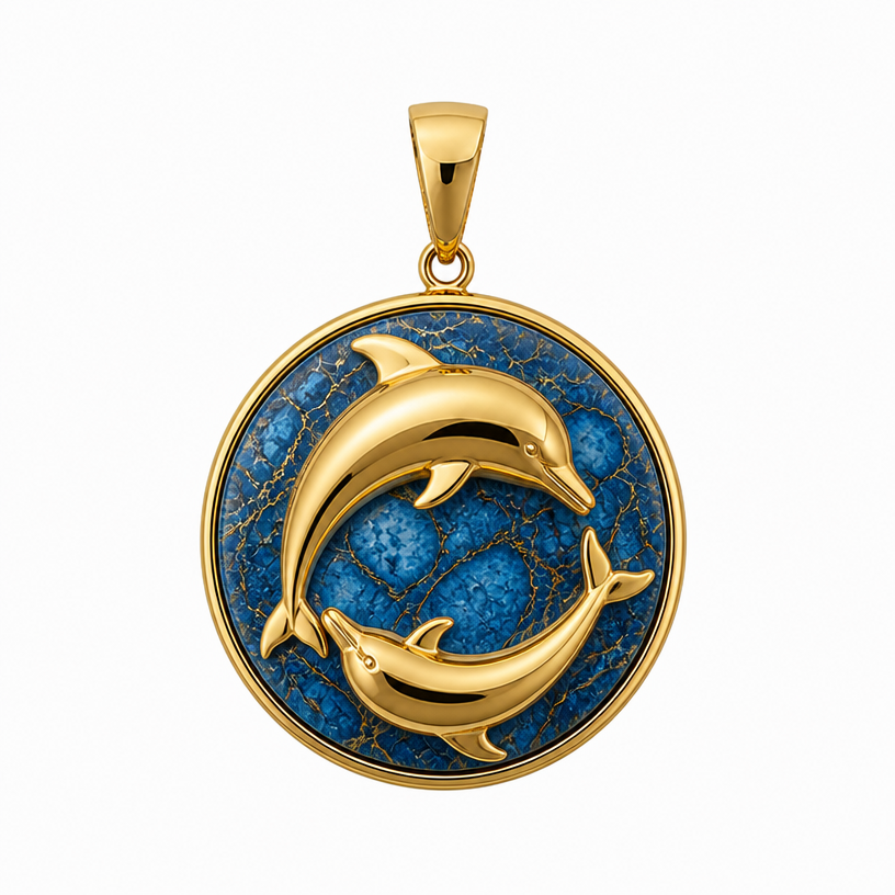 2 dolphins wrapped around blue marble stone
edit the attached jewelry design with these instructions: 2 dolphins wrapped around blue marble stone. keep it photorealistic, just the design no text