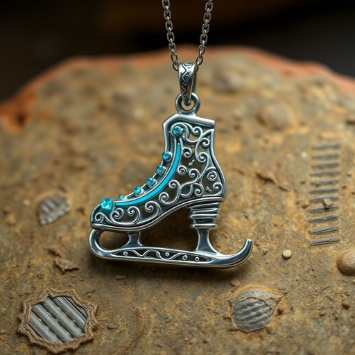 Silver Pendant shape one ice skate with turquoise stripe inside the low thin part blade