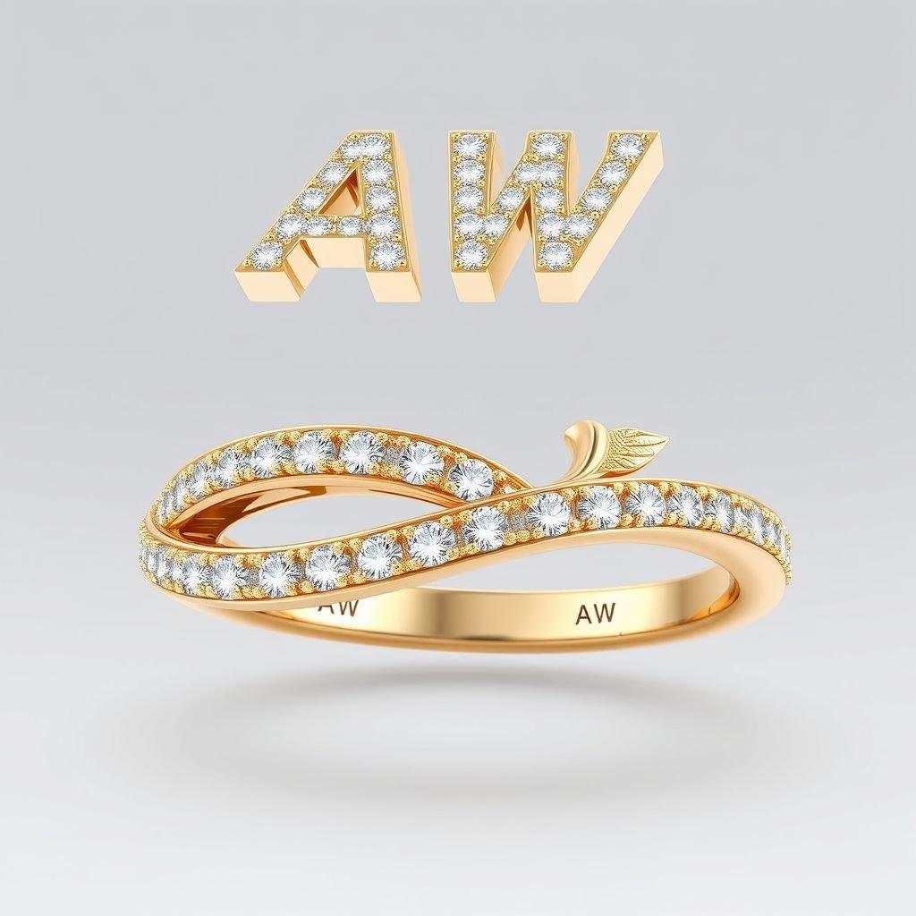Big AW in the middle at the top small writing always at the bottom small writing working at one side of the ring always on the other side of the ring Wing ring in a  rectangle circular style big and bulky fully ice that diamonds in gold and white gold mix