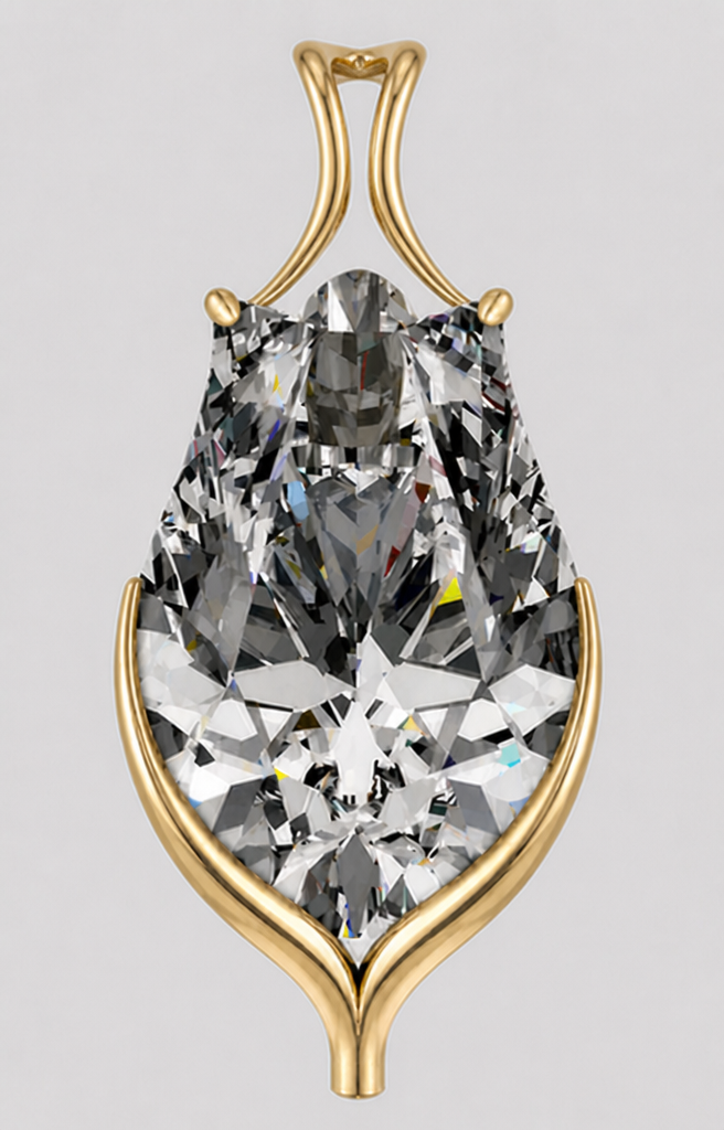 Refine the current pendant design, do not redesign from scratch. Keep the diamond exactly as shown — do not change its shape, outline, crest, notches, proportions or facet pattern. Keep the existing lower gold support as the main basis: a clean, elegant calyx-like support rising from a short stem below the stone. Refine the top only. Add a more elegant and integrated bail above the diamond with slightly more negative space between the bail and the top of the stone. The bail should feel refined, proprietary, light and architectural, not like a generic loop or a separate added component. Keep two very small, discreet top prongs or beads near the upper shoulders to secure the stone, but make them subtle and elegant. The overall result should be cleaner, lighter and more sophisticated, with the stone remaining dominant. Avoid heavy bezel, full frame, petals, vines, ornament, oversized loop, or bulky top structure. Front view, realistic fine-jewelry render, plain light background, no chain.
Refine the current pendant design, do not redesign from scratch. Keep the diamond exactly as shown — do not change its shape, outline, crest, notches, proportions or facet pattern. Keep the existing lower gold support as the main basis: a clean, elegant calyx-like support rising from a short stem below the stone. Refine the top only. Add a more elegant and integrated bail above the diamond with slightly more negative space between the bail and the top of the stone. The bail should feel refined, proprietary, light and architectural, not like a generic loop or a separate added component. Keep two very small, discreet top prongs or beads near the upper shoulders to secure the stone, but make them subtle and elegant. The overall result should be cleaner, lighter and more sophisticated, with the stone remaining dominant. Avoid heavy bezel, full frame, petals, vines, ornament, oversized loop, or bulky top structure. Front view, realistic fine-jewelry render, plain light background, no chain.