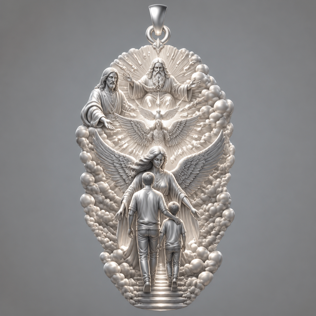 A modern women's pendant made of silver suitable for festival. An extraordinary excellent beautiful delicate and elegant pendant with the Guardian Angel with a beautiful delicate and elegant face, with long hair, with big wings flying, with a beautiful delicate elegant and with beautiful curves at her body, with a beautiful delicate and elegant tunic holding a child and an adult with its hands protecting them and guiding them on the way of the Holy Trinity. Sawing the way of the Holy Trinity in front of them God the Father, God the Son and God the Holy Spirit, the Holy Spirit to be as an Angel with a dove under the Angel surrounded by tongues of fire radiating light to the persons and the Guardian Angel, without the surrounding metals of the pendant. All the persons and the surrounding area to be 3D like statues. With less metal of the pendant and more accurate persons and only the persons and the clouds and the rayes of light. Less metal at the pendant and more 3D persons to be seen all the persons 3D. The persons to be sawn going straight on the way to the Holy Trinity. Part of the face of the persons to be seen.