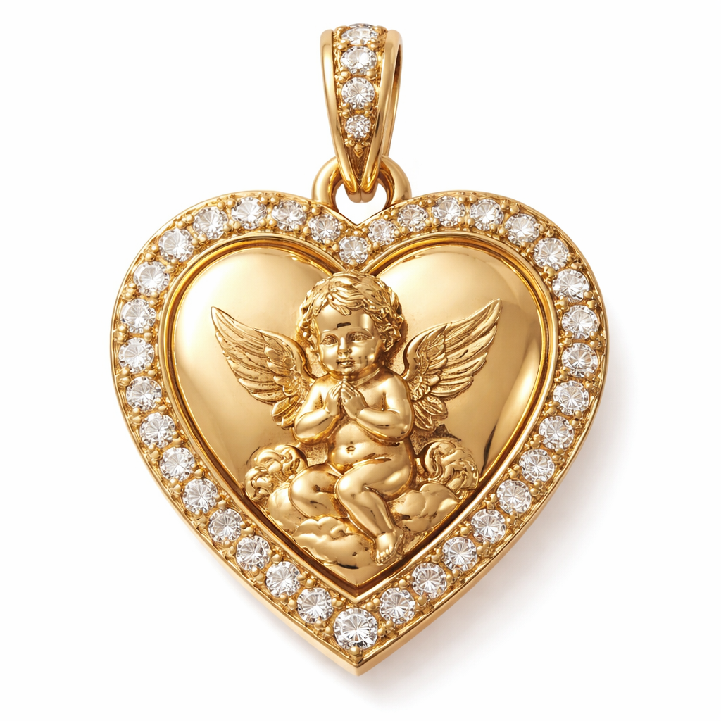Gold heart pendant with guardian angel cherub on surface and Pavé diamond border around heart, gold bale
Gold heart pendant with guardian angel cherub on surface and Pavé diamond border around heart, gold bale, bespoke style