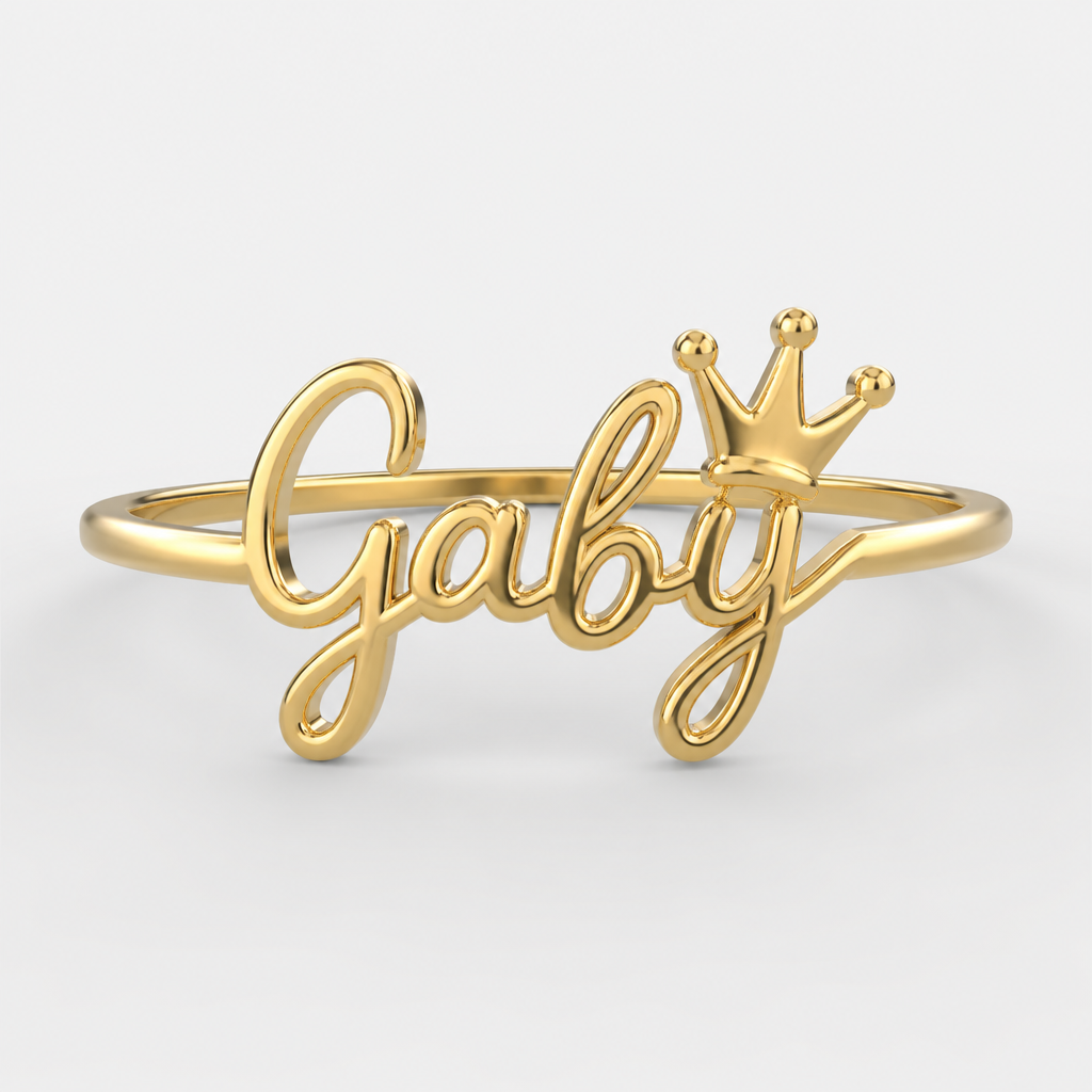 A women's ring. un delicado anillo con nombre Gaby y sobre la y una corona
photorealistic jewelry design, A women's ring. un delicado anillo con nombre Gaby y sobre la y una corona, modern style, just the design no text