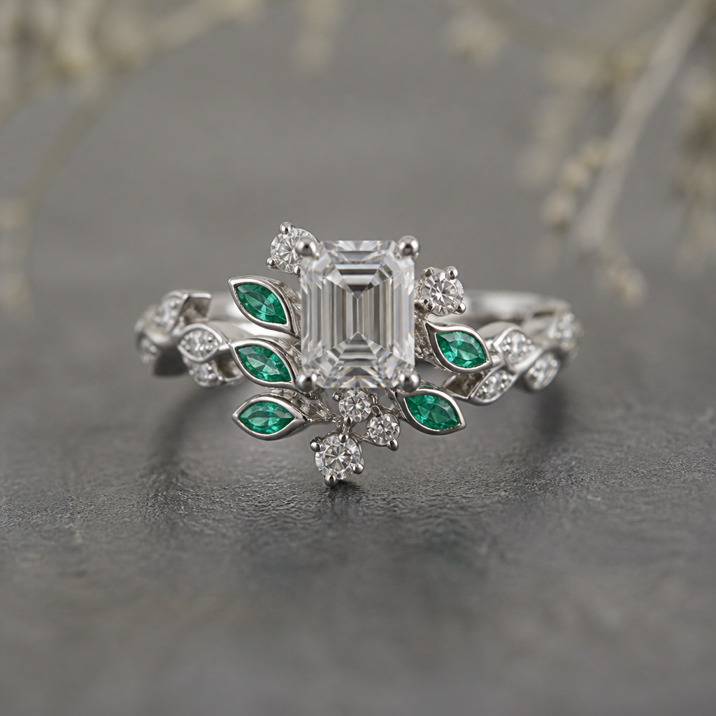 A nature women's ring made of white gold with diamond and emerald stones suitable for daily wear, detailed and decorative, moderately ornate. a ring made with an old emerald cut diamond
photorealistic jewelry design, A nature women's ring made of white gold with diamond and emerald stones suitable for daily wear, detailed and decorative, moderately ornate. a ring made with an old emerald cut diamond, nature_inspired style, just the design no text