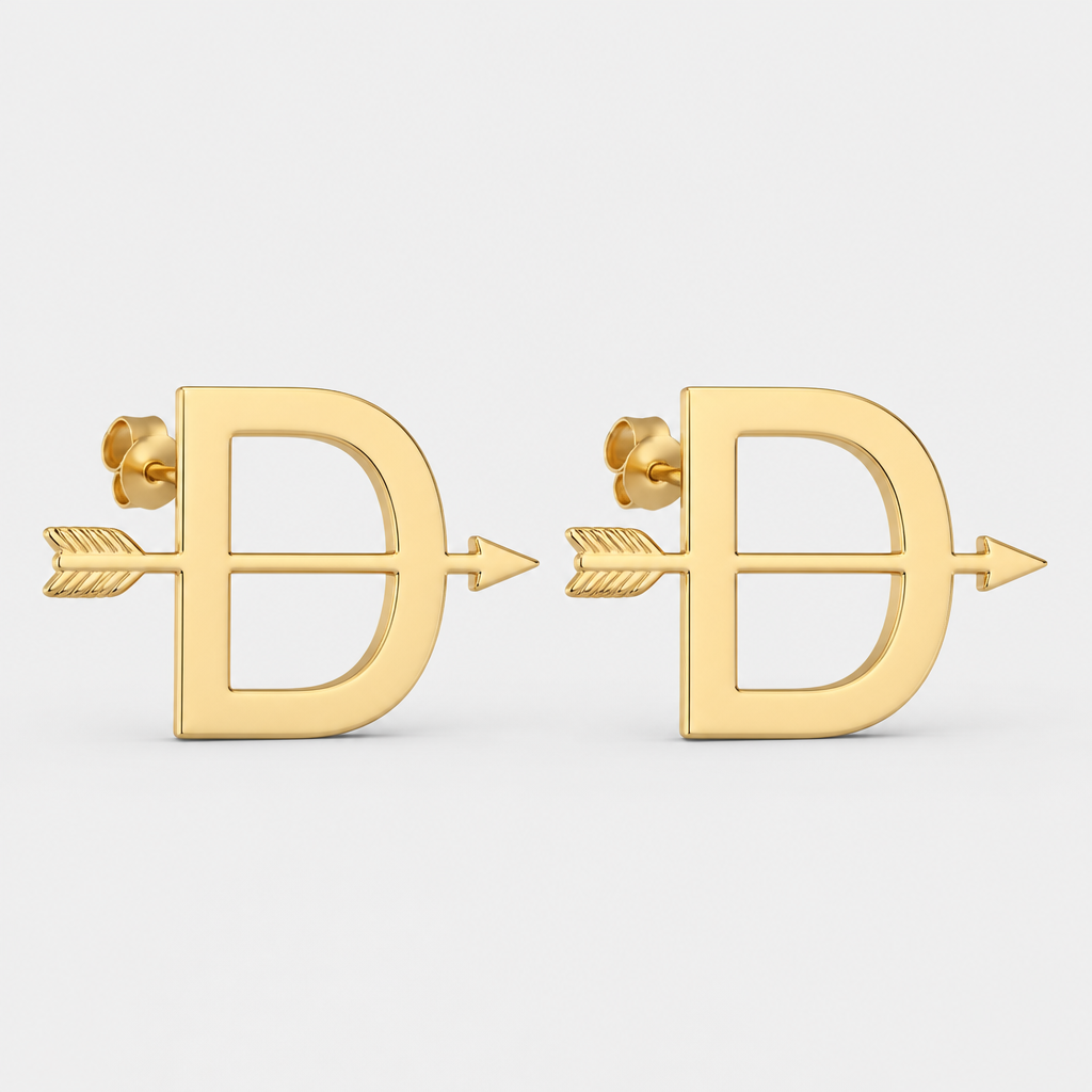 Faça um par de brincos dourados em formato de D maiúsculo em fonte arial atravessado por uma flecha bem no centro da letra.
photorealistic jewelry design, Faça um par de brincos dourados em formato de D maiúsculo em fonte arial atravessado por uma flecha bem no centro da letra. , minimalist style, just the design no text