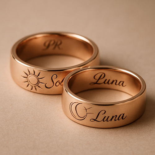 Here’s a refined AI image generation prompt for your couple ring design:  ⸻  Prompt: A pair of elegant couple rings designed with a subtle, sophisticated aesthetic. Each ring is crafted from polished metal — choose either platinum, white gold, or rose gold for a luxurious yet timeless look. 	•	Ring 1 (Sun Ring): The outer surface features a delicate, intertwined engraving of the sun and moon together, symbolizing harmony and eternal love. The word “Sol” is elegantly inscribed alongside the sun motif in a fine, romantic script. Inside the band, the initials “PR” are delicately engraved in a graceful, flowing script font. 	•	Ring 2 (Moon Ring): The outer surface also carries the intertwined sun and moon design, but with the focus on the moon motif. The word “Luna” is finely inscribed beside the moon in the same romantic script style. Inside, the same “PR” engraving appears in matching script font.  Both rings complement each other perfectly — minimalistic, balanced, and symbolic — embodying the eternal bond between two souls like the sun and moon. The engraving should look subtle yet detailed, with soft highlights reflecting from the polished surfaces.  Style: Ultra-realistic jewelry photography, high detail, soft lighting, warm romantic tone, focus on engraving texture and metal reflection.  ⸻  Would you like me to tailor this prompt for a specific style — for example, rose gold vintage, white gold minimalist, or modern matte silver?