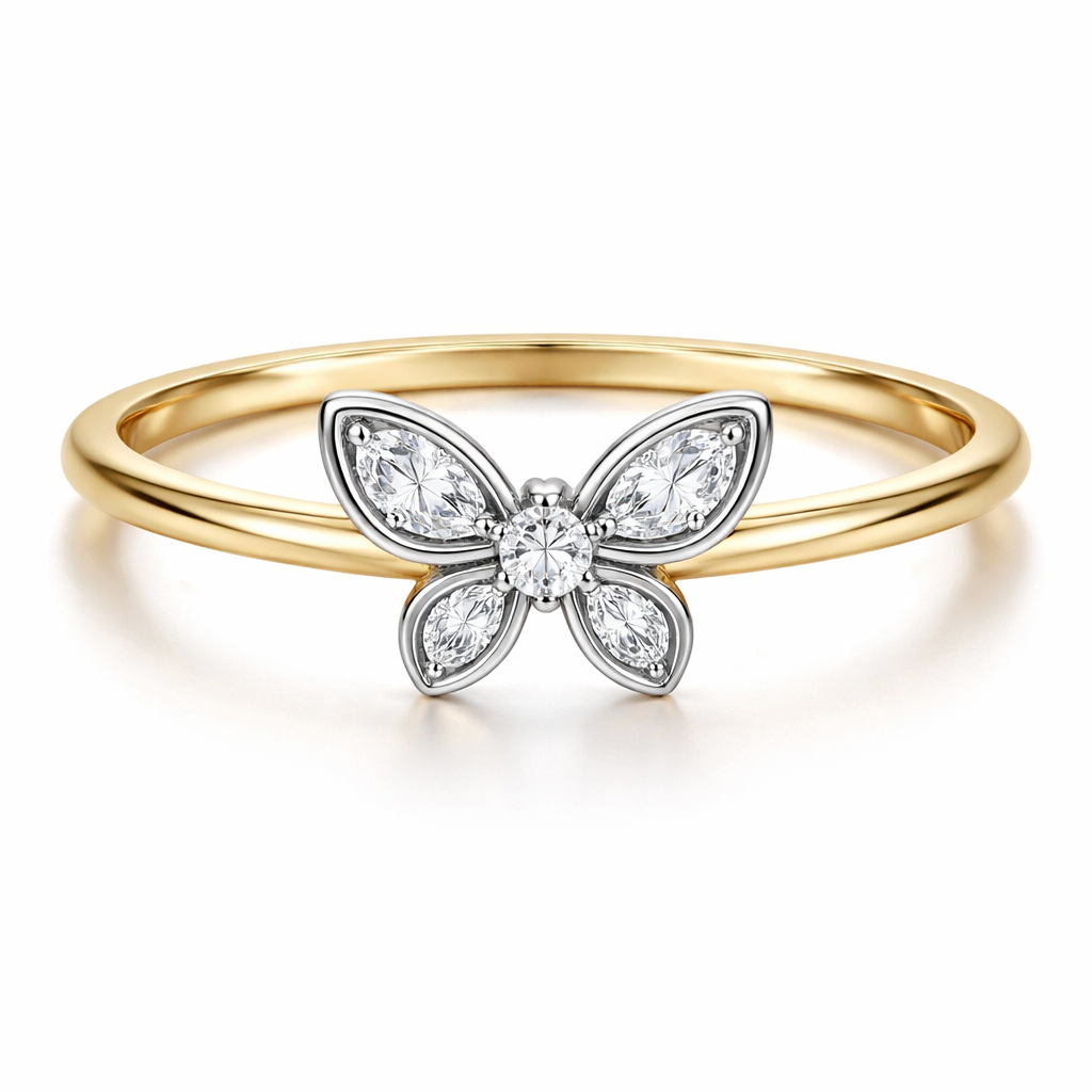 Design a delicate diamond ring set in platinum on a yellow gold band shaped like a butterfly