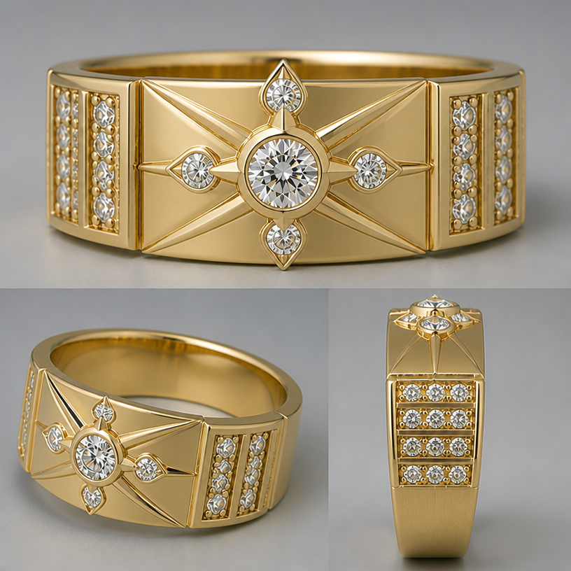 Make a more smooth design and put four diamonds on the X axis compass points of the center stone
edit the attached jewelry design with these instructions: Make a more smooth design and put four diamonds on the X axis compass points of the center stone. keep it photorealistic, just the design no text