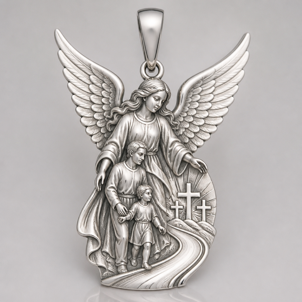 A modern women's pendant made of silver suitable for festival. An extraordinary excellent beautiful delicate and elegant pendant with the Guardian Angel with a beautiful delicate and elegant face, with long hair, with big wings flying, with a beautiful delicate elegant and with beautiful curves at her body, with a beautiful delicate and elegant tunic holding a child and an adult with its hands protecting them and guiding them on the way of the Holy Trinity. Sawing the way of the Holy Trinity in front of them.