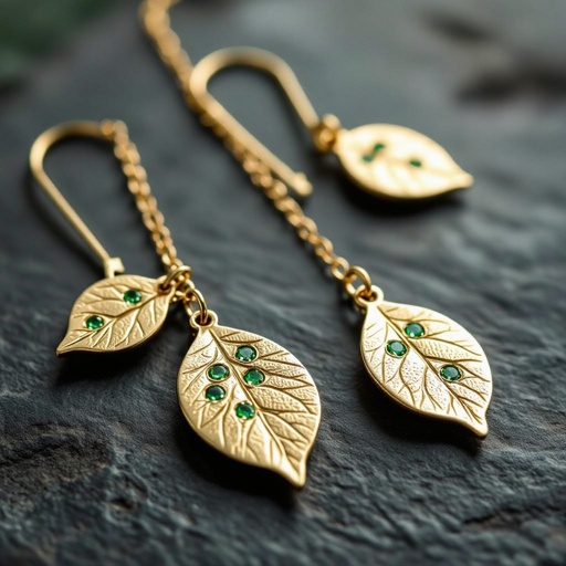 Серьги длинные на цепочках матовое золото мятое. Символ листок с прожилками на нем маленькие зеленые  камушки