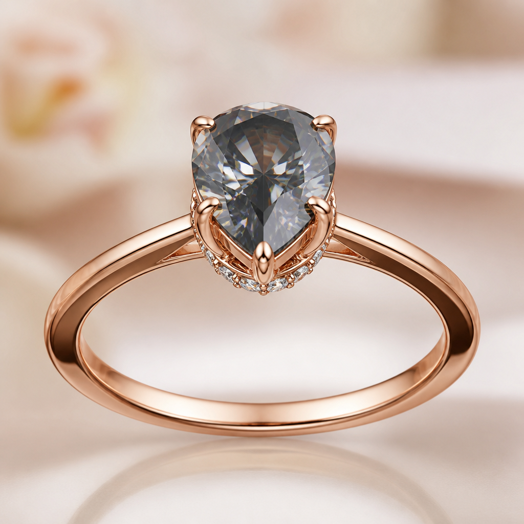 pear shaped mystic gray moissanite rose gold ring with hiddlen halo on crown setting
photorealistic jewelry design, pear shaped mystic gray moissanite rose gold ring with hiddlen halo on crown setting
, just the design no text