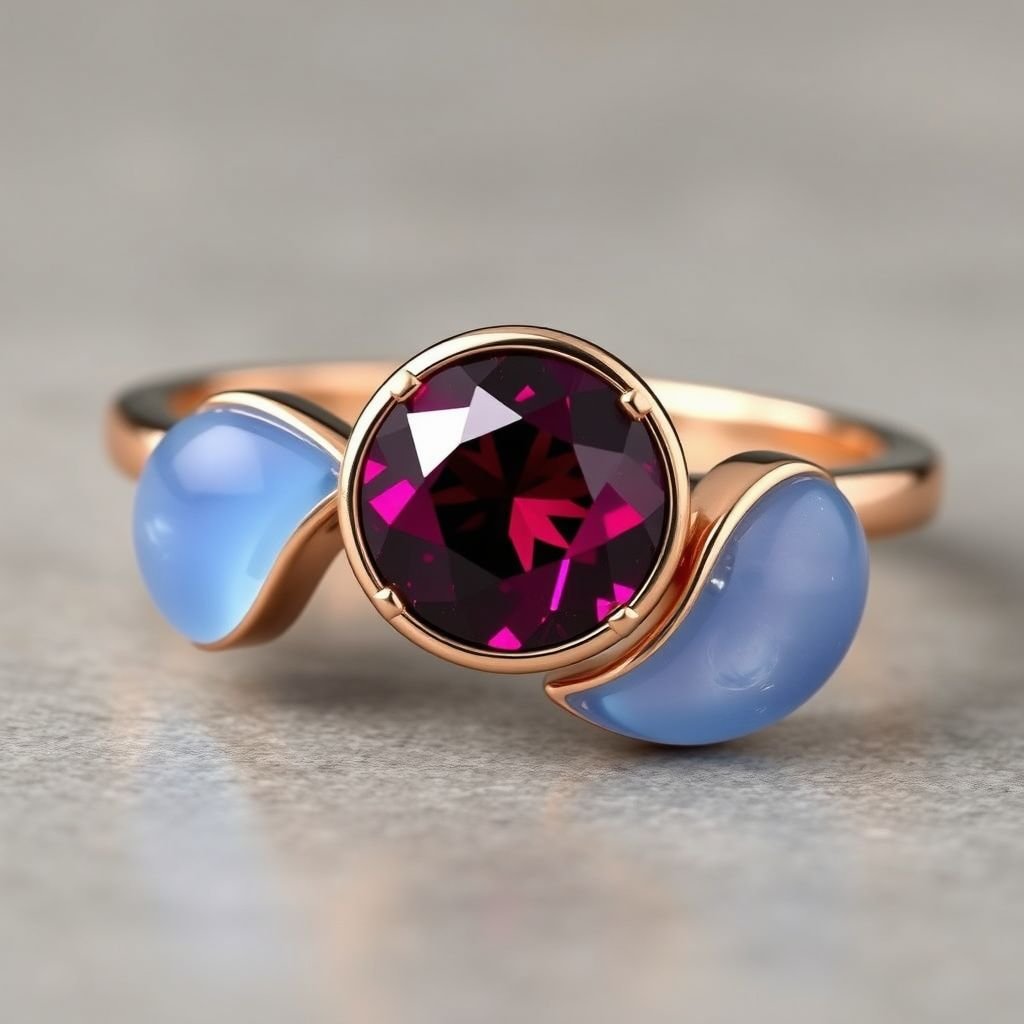 A simple, three stone 18 karat rose gold engagement ring set with a circular alexandrite. Also set with a small half moon blue chalcedony on one side right next to it, and a small half moon moonstone set on the other side right next to it. On the inside of the band, it has an inscription reading, “Tuum. Et in hac vita et in altera.”