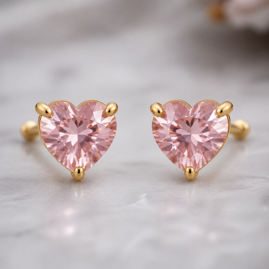 Small pink moissanite heart studs set in yellow gold prongs
photorealistic jewelry design, Small pink moissanite heart studs set in yellow gold prongs , just the design no text