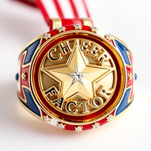 Red white and blue medal ring that says cheer factor