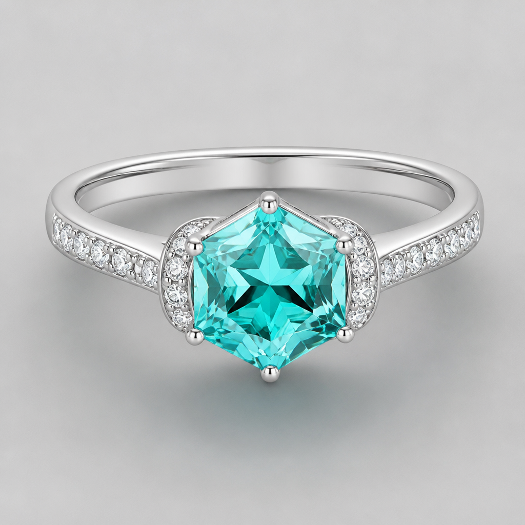 A modern women's ring made of silver with ruby stones suitable for wedding. A ring made of sterling silver with a hexagonal light turquoise cubic zirconia stone at its center. The ring band is adorned with small white cubic zirconia stones, and the sides securing the hexagonal stone are also set with small white cubic zirconia stones.
photorealistic jewelry design, A modern women's ring made of silver with ruby stones suitable for wedding. A ring made of sterling silver with a hexagonal light turquoise cubic zirconia stone at its center. The ring band is adorned with small white cubic zirconia stones, and the sides securing the hexagonal stone are also set with small white cubic zirconia stones., modern style, just the design no text