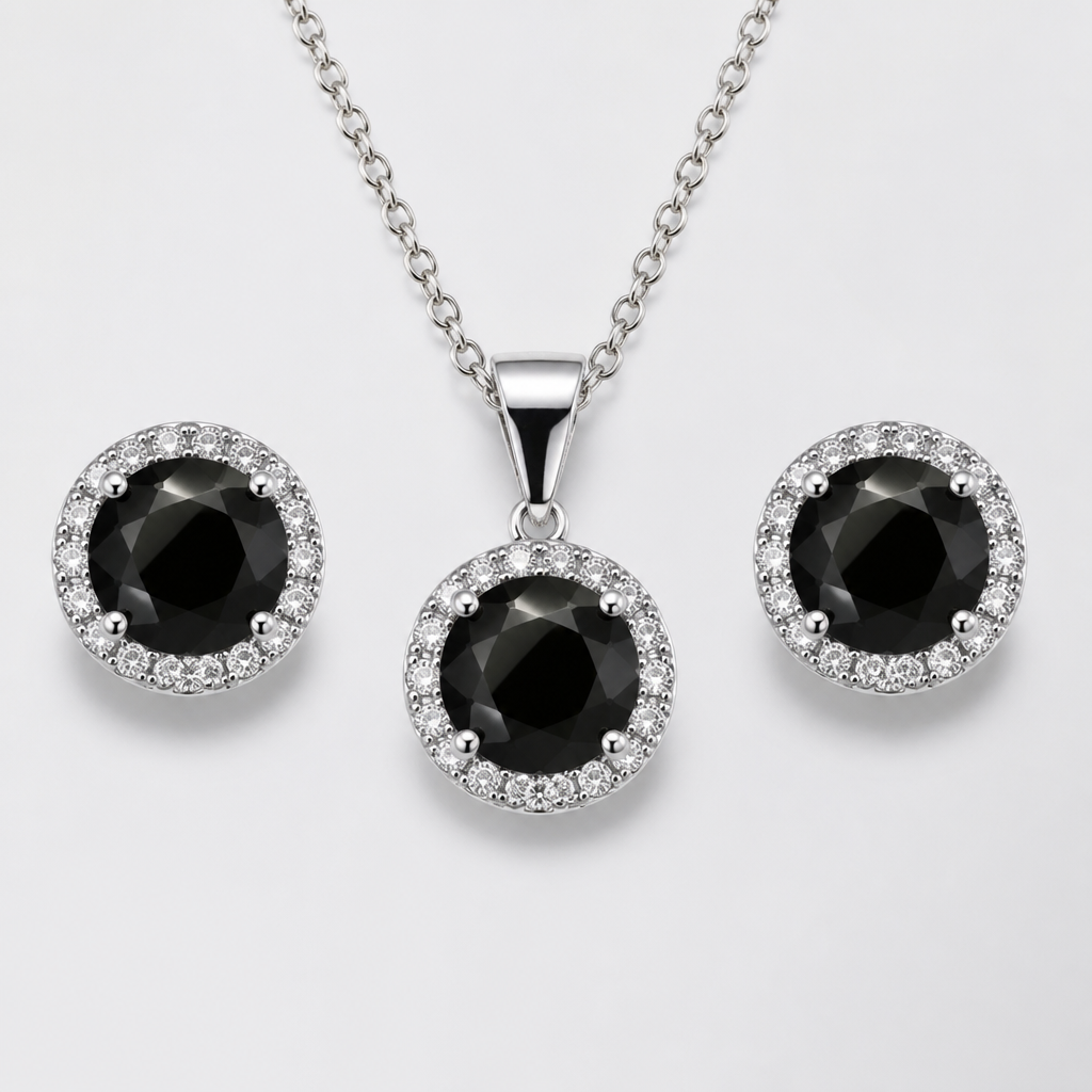 round black moissanite with stones earrings and pendant
photorealistic jewelry design, round black moissanite with stones earrings and pendant, just the design no text