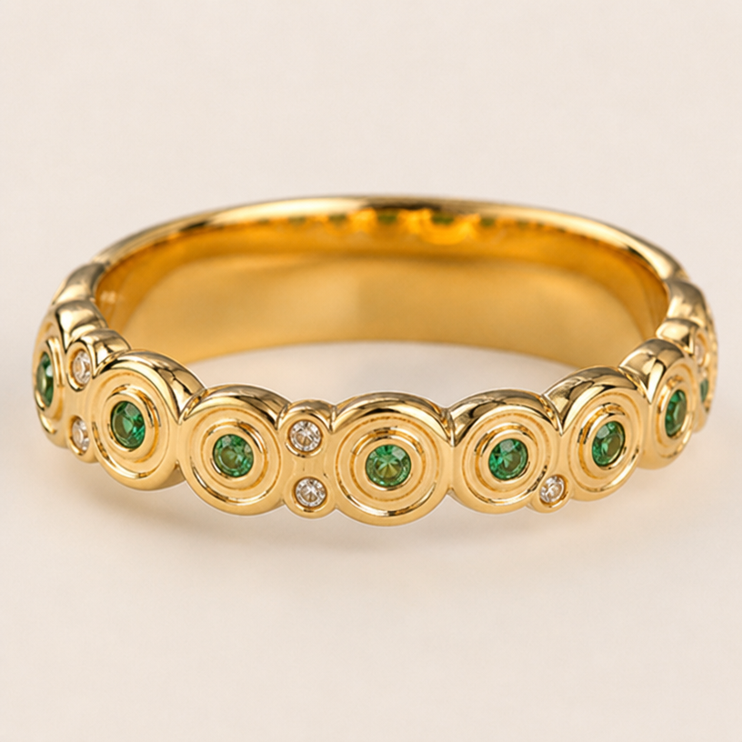 Can you make the emeralds and diamonds smaller
edit the attached jewelry design with these instructions: Can you make the emeralds and diamonds smaller. keep it photorealistic, just the design no text