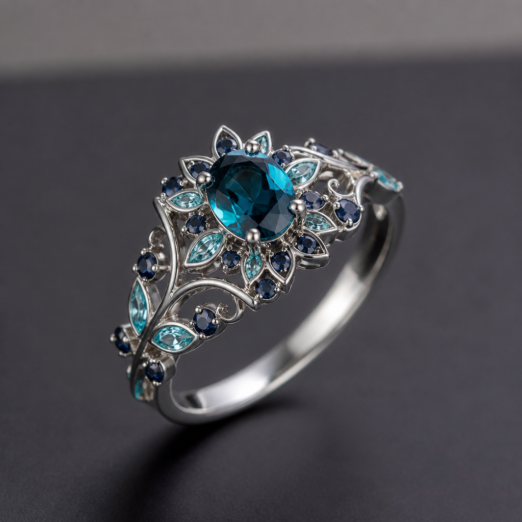 A women's ring. Une parures en tourmaline bleu et spinelle avec des détails arabesque et florales
photorealistic jewelry design, A women's ring. Une parures en tourmaline bleu et spinelle avec des détails arabesque et florales, modern style, just the design no text