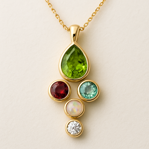 I want a pendant necklace. Large center teardrop August birthstone. Below the center, two birthstones placed horizontally for January and March. Below that is two birthstones placed vertically for October and April.