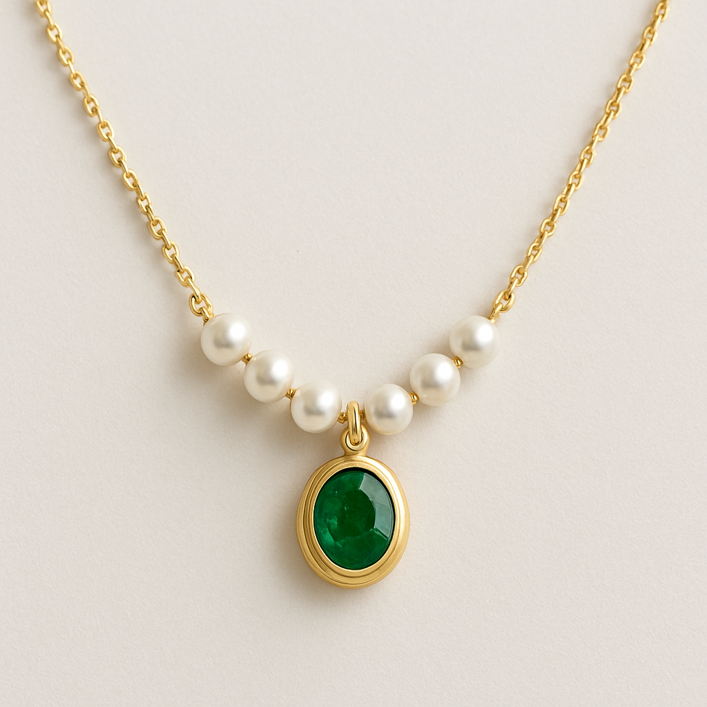 Simple lightweight, maybe 3 g of gold with pearls and an emerald locket