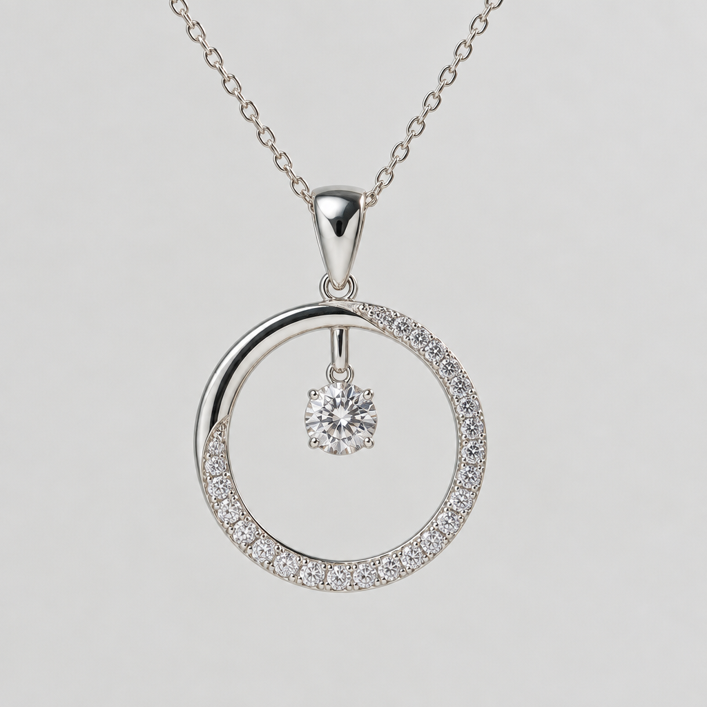 A modern women's pendant made of white gold with diamond stones suitable for daily wear. cost 300$, circle design,
photorealistic jewelry design, A modern women's pendant made of white gold with diamond stones suitable for daily wear. cost 300$, circle design,, modern style, just the design no text