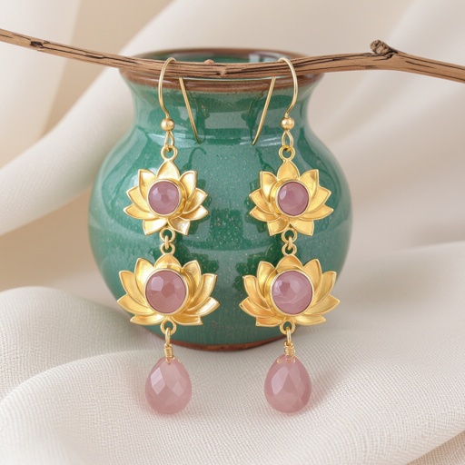 Светлое матовое золото. Серьги с лотосом на длинных цепочках. По центру лотоса камень необрабаботанного розового кварца, от лотоса идет цепочка с еще одним камнем кварца на конце. Серьги тонкие и легкие