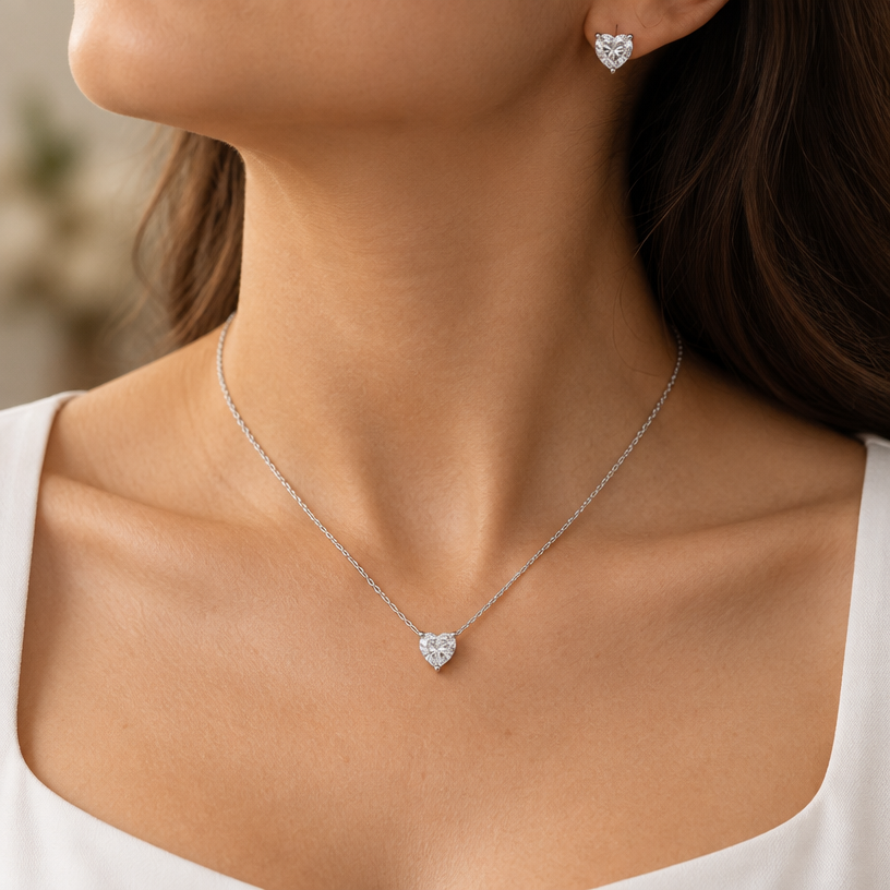 Jewelry photoshoot (worn)
Show the jewelry piece from the image worn by an elegant model in a professional editorial photograph, soft studio lighting. Reproduce the jewelry's exact design, metal, stones and details faithfully. Photorealistic, no text. Additional instructions: "Close-up editorial jewelry photo of a woman's neck, collarbone, and upper chest, cropped so the face is fully out of frame (only neck, collarbone, and chest visible). She wears a plain white top and a delicate sterling silver necklace with a clear heart-shaped cubic zirconia pendant, set in a simple four-prong setting.
METAL FINISH: the sterling silver must be rhodium-plated — bright, cool-white, and reflective with a polished mirror-like shine, not dull or matte. The metal should catch light naturally, without looking overly glossy, plastic, or artificially glowing.
STONE DETAIL: the clear heart-cut cubic zirconia stone must be sparkling and perfectly faceted with a clean heart shape, catching light realistically with natural brilliance — not flat or dull.
SKIN REALISM REQUIREMENT: skin must look completely natural and photorealistic — visible fine skin texture, natural pores, subtle imperfections, soft even tone. Avoid any smooth, plastic, airbrushed, CGI, or overly retouched look. Lighting soft and warm, casting natural gentle shadows.
STRICT SIZE REQUIREMENT: the pendant must be exactly 0.7cm height x 0.7cm width, true to real-life scale against the neck and collarbone — do not enlarge or oversize.
CHAIN AND PENDANT POSITION: fine cable chain draping naturally in a soft V-shape along the collarbone, with the heart pendant hanging centered at the lowest point of the chain, point of the heart facing down, attached by a small prong setting at the top.
"Close-up editorial jewelry photo of a woman's neck, collarbone, and upper chest, cropped so the face is fully out of frame (only neck, collarbone, ear, and chest visible). She wears a delicate sterling silver necklace with a clear heart-shaped cubic zirconia pendant and a matching heart-shaped cubic zirconia stud earring, both set in a simple four-prong setting.
METAL FINISH: the sterling silver must be rhodium-plated — bright, cool-white, and reflective with a polished mirror-like shine, not dull or matte. The metal should catch light naturally, without looking overly glossy, plastic, or artificially glowing.
STONE DETAIL: the clear heart-cut cubic zirconia stones must be sparkling and perfectly faceted with a clean heart shape, catching light realistically with natural brilliance — not flat or dull.
SKIN REALISM REQUIREMENT: skin must look completely natural and photorealistic — visible fine skin texture, natural pores, subtle imperfections, soft even tone. Avoid any smooth, plastic, airbrushed, CGI, or overly retouched look. Lighting soft and warm, casting natural gentle shadows.
STRICT SIZE REQUIREMENT: the pendant and earring must be small and delicate, true to real-life scale against the neck and ear — do not enlarge or oversize.
CHAIN AND PENDANT POSITION: fine cable chain draping naturally in a soft V-shape along the collarbone, with the heart pendant hanging centered at the lowest point of the chain, point of the heart facing down, attached by a small prong setting at the top. Earring sits naturally on the earlobe, heart pointing down.
Background softly blurred, warm and neutral, shallow depth of field. Mood: elegant, minimal, intimate — natural high-end jewelry brand photography style, face not shown..