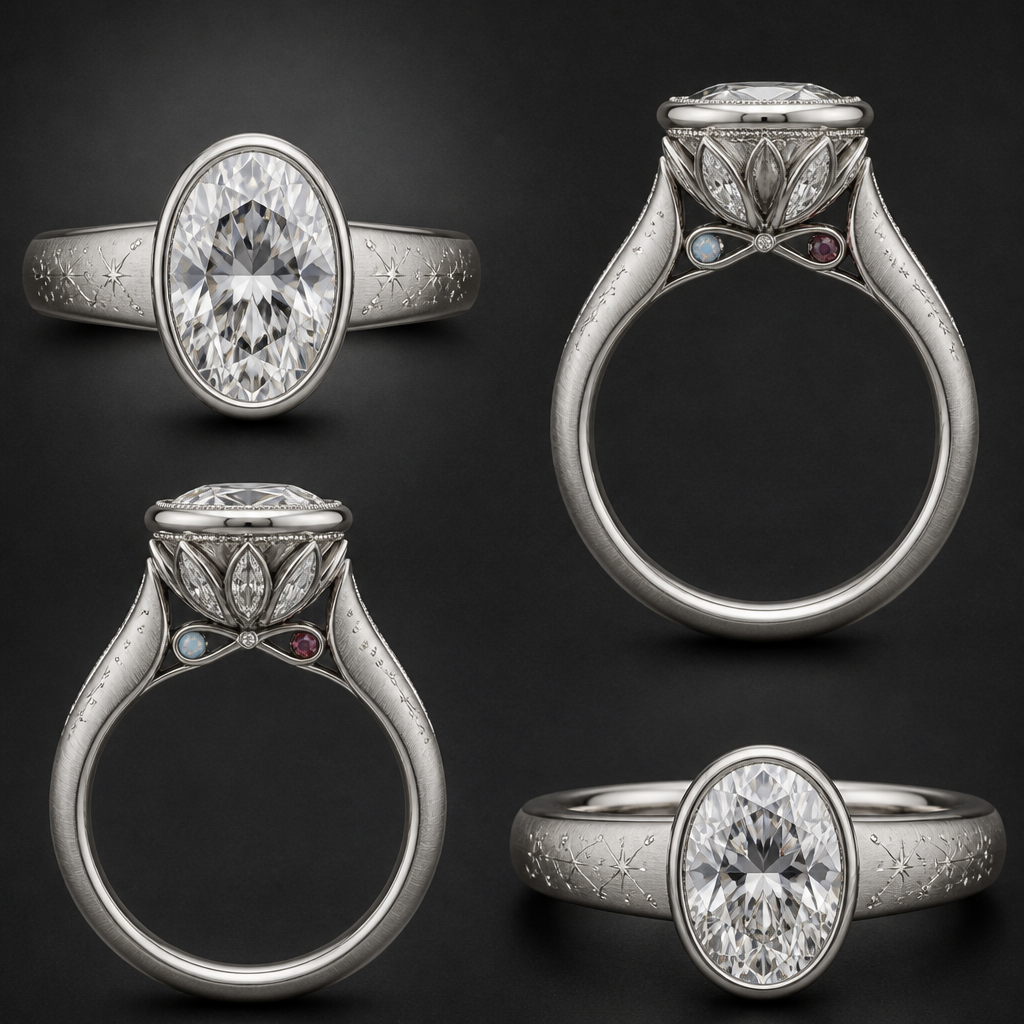 A women's ring, highly ornate, intricate and elaborate, richly detailed. Center Stone
16 × 11 mm oval diamond (~10 ct)
Set as low as structurally possible
Perfectly centered
Full bezel setting
Fine hand-applied milgrain around the bezel
The bezel should be delicate enough to frame the diamond without making it appear smaller.
Top View
This is extremely important.
From the top, I want the ring to appear clean and uninterrupted.
No visible hidden halo
No accent diamonds visible
No decorative elements competing with the center stone
The eye should immediately go to the oval diamond
Side Profile
The side should reveal the craftsmanship gradually.
Hidden halo tucked completely underneath the bezel
Visible only from the side
Smaller and more delicate than a traditional hidden halo
The hidden halo should feel like a surprise rather than a feature.
Lotus Basket
This is the heart of the design.
Six elongated marquise diamonds
Arranged as lotus petals
Petals should flow seamlessly into the shoulders
No abrupt transitions
The basket should look sculpted from one continuous piece of platinum
I want the lotus to feel architectural rather than ornamental.
Band
Platinum
4 mm width at the shoulders
Softly tapered toward the base
Comfort fit
Soft euro shank
Satin/brushed finish
Thin polished edge along each side of the band to frame the brushed finish
Celestial Theme
I want the celestial inspiration to be subtle.
Instead of repeating stars:
Sparse constellation-inspired hand engraving
Tiny polished dots
Very delicate engraved starbursts
Concentrated near the shoulders
Gradually fading into a plain band
The engraving should resemble a quiet night sky rather than a pattern.
Bridge
This should be the most personal part of the ring.
Instead of engraving an infinity symbol, I want the bridge itself to become an elegant infinity-shaped structure.
Inside the loops:
One tiny bezel-set opal
One tiny bezel-set garnet
These represent my husband and me.
If structurally feasible, I'd also like to explore placing a tiny flush-set diamond where the two loops intersect to represent our son.
The bridge should remain refined and not feel busy.
Finish
The ring should have contrast.
Satin brushed platinum on the band
High-polish bezel
High-polish basket
High-polish milgrain
High-polish edges on the band
This contrast should create visual depth without adding extra decoration.
Engineering Priorities
Comfortable for everyday wear
Built to support a 16 × 11 mm oval securely
Basket engineered for long-term durability
Euro shank sized to reduce spinning
Strong enough to become an heirloom
Design Priorities
From most important to least:
Center oval diamond
Milgrain bezel
Lotus basket
Hidden halo
Brushed platinum finish
Celestial shoulder engraving
Infinity bridge with birthstones
Every element below should support—not compete with—the element above it.
photorealistic jewelry design, A women's ring, highly ornate, intricate and elaborate, richly detailed. Center Stone
16 × 11 mm oval diamond (~10 ct)
Set as low as structurally possible
Perfectly centered
Full bezel setting
Fine hand-applied milgrain around the bezel
The bezel should be delicate enough to frame the diamond without making it appear smaller.
Top View
This is extremely important.
From the top, I want the ring to appear clean and uninterrupted.
No visible hidden halo
No accent diamonds visible
No decorative elements competing with the center stone
The eye should immediately go to the oval diamond
Side Profile
The side should reveal the craftsmanship gradually.
Hidden halo tucked completely underneath the bezel
Visible only from the side
Smaller and more delicate than a traditional hidden halo
The hidden halo should feel like a surprise rather than a feature.
Lotus Basket
This is the heart of the design.
Six elongated marquise diamonds
Arranged as lotus petals
Petals should flow seamlessly into the shoulders
No abrupt transitions
The basket should look sculpted from one continuous piece of platinum
I want the lotus to feel architectural rather than ornamental.
Band
Platinum
4 mm width at the shoulders
Softly tapered toward the base
Comfort fit
Soft euro shank
Satin/brushed finish
Thin polished edge along each side of the band to frame the brushed finish
Celestial Theme
I want the celestial inspiration to be subtle.
Instead of repeating stars:
Sparse constellation-inspired hand engraving
Tiny polished dots
Very delicate engraved starbursts
Concentrated near the shoulders
Gradually fading into a plain band
The engraving should resemble a quiet night sky rather than a pattern.
Bridge
This should be the most personal part of the ring.
Instead of engraving an infinity symbol, I want the bridge itself to become an elegant infinity-shaped structure.
Inside the loops:
One tiny bezel-set opal
One tiny bezel-set garnet
These represent my husband and me.
If structurally feasible, I'd also like to explore placing a tiny flush-set diamond where the two loops intersect to represent our son.
The bridge should remain refined and not feel busy.
Finish
The ring should have contrast.
Satin brushed platinum on the band
High-polish bezel
High-polish basket
High-polish milgrain
High-polish edges on the band
This contrast should create visual depth without adding extra decoration.
Engineering Priorities
Comfortable for everyday wear
Built to support a 16 × 11 mm oval securely
Basket engineered for long-term durability
Euro shank sized to reduce spinning
Strong enough to become an heirloom
Design Priorities
From most important to least:
Center oval diamond
Milgrain bezel
Lotus basket
Hidden halo
Brushed platinum finish
Celestial shoulder engraving
Infinity bridge with birthstones
Every element below should support—not compete with—the element above it., modern style, just the design no text