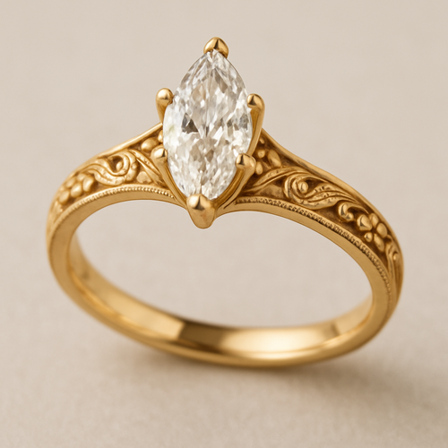 gold engagement ring with marquise cut diamond and cathedral setting. band has floral and vintage look
