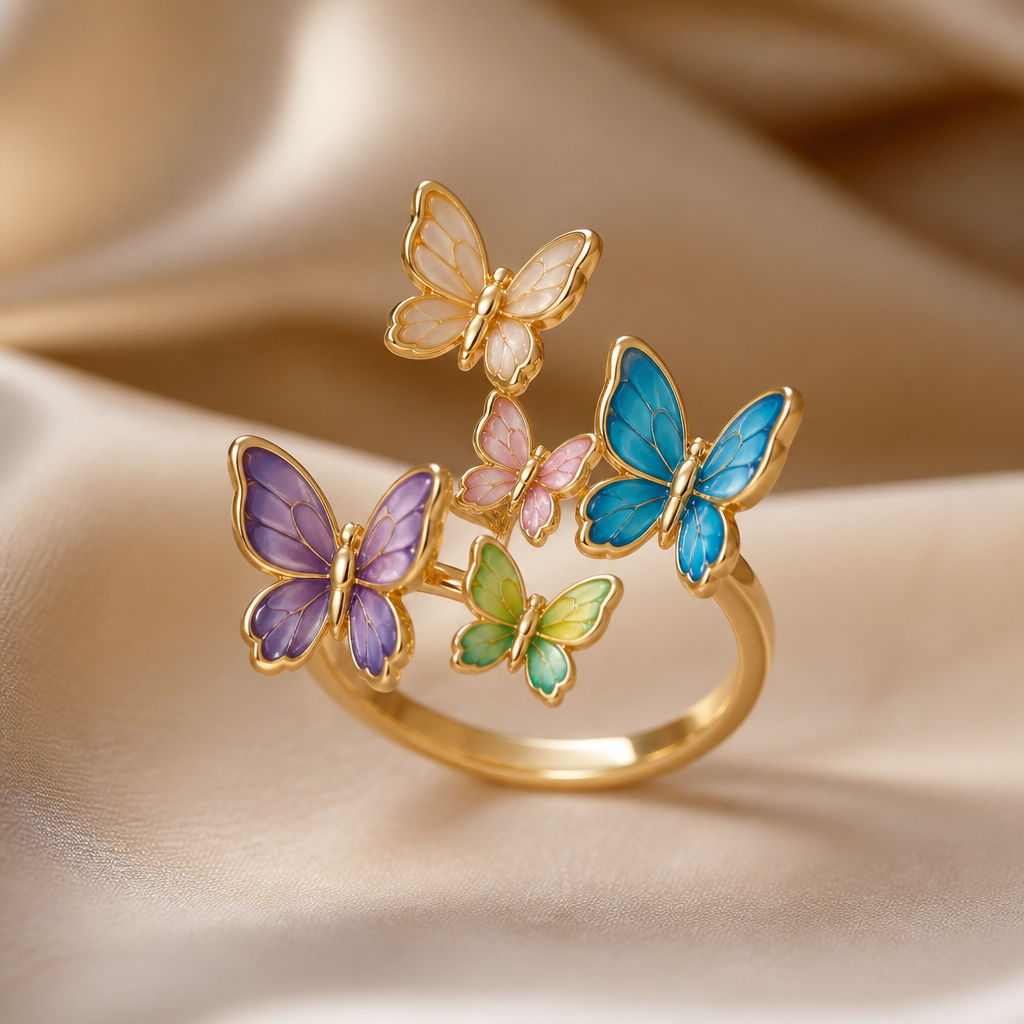A women's ring. pendant 4 ore 5 butterfly diferența dimension with email color
photorealistic jewelry design, A women's ring. pendant 4 ore 5 butterfly diferența dimension with email color, modern style, just the design no text