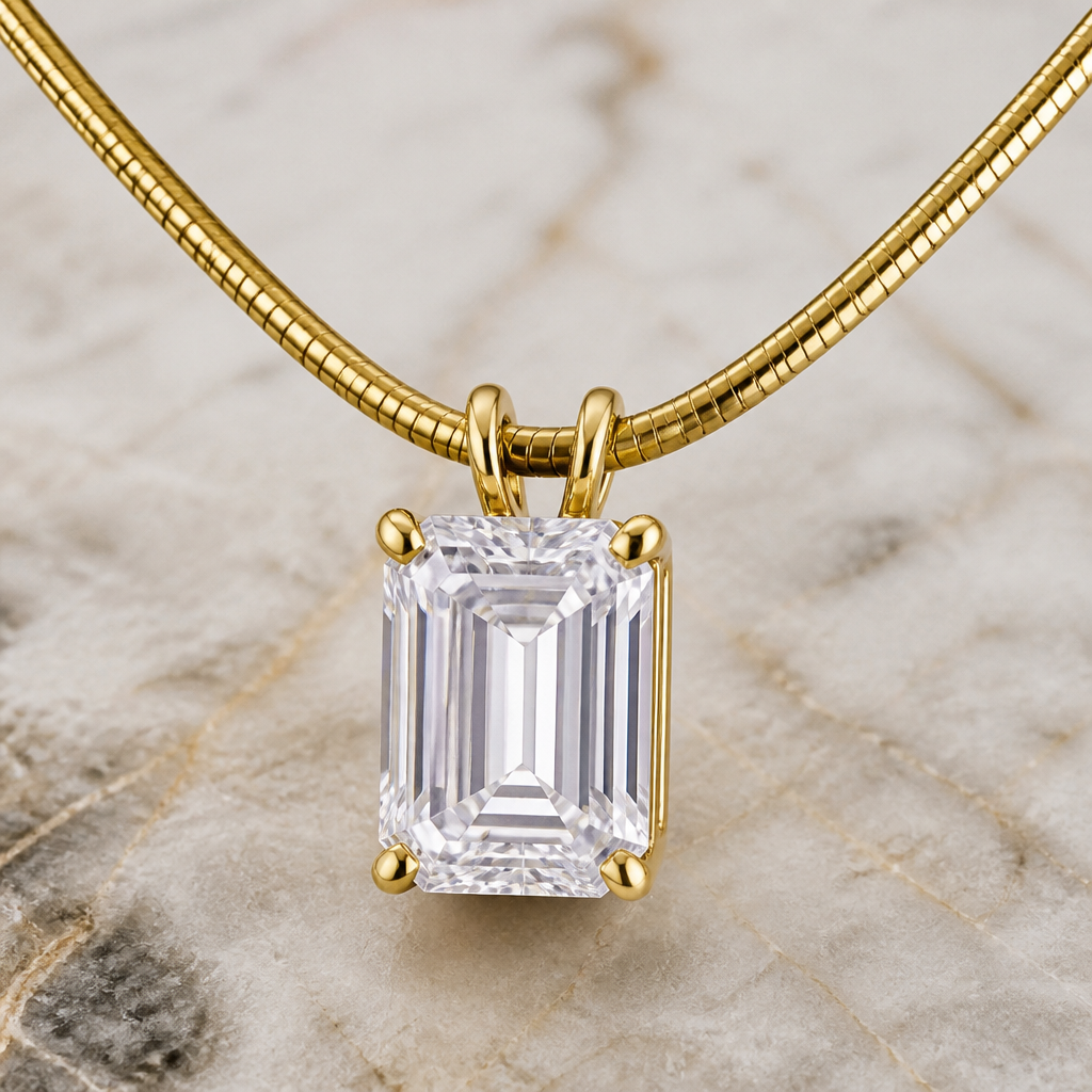 A 10ct emerald cut diamond that is 14mmx10mm. Diamond is set in a 14kt yellow gold basket setting, prong set, low profile, easy to west orientation. Double D slide bail on a 4mm omega chain 14inches. All metal is yellow gold
photorealistic jewelry design, A 10ct emerald cut diamond that is 14mmx10mm. Diamond is set in a 14kt yellow gold basket setting, prong set, low profile, easy to west orientation. Double D slide bail on a 4mm omega chain 14inches. All metal is yellow gold , modern style, just the design no text