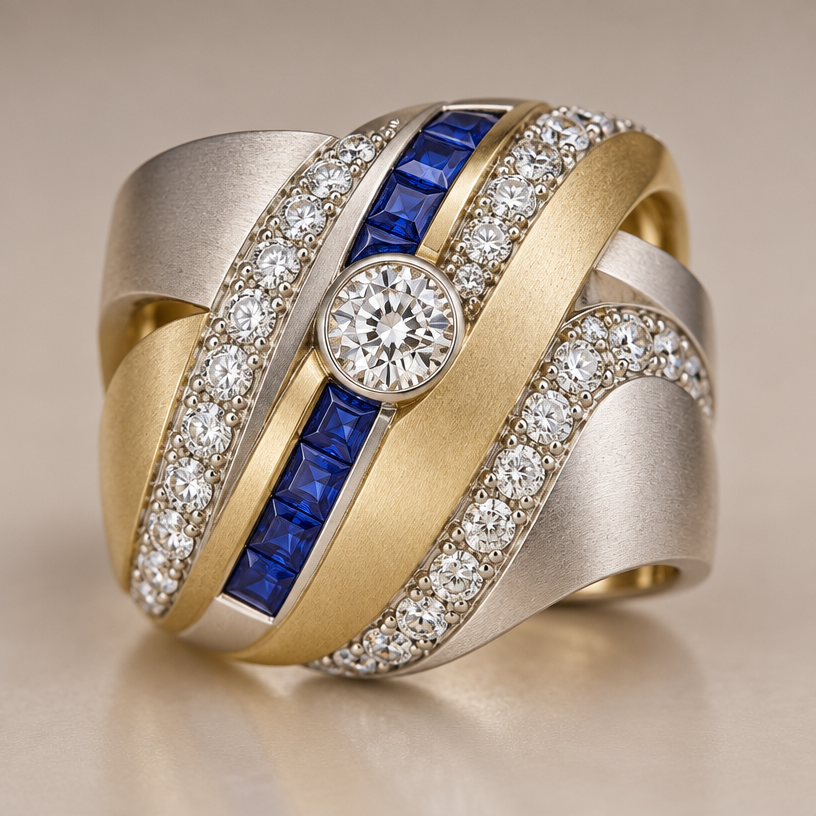 A women's ring made of mixed metal with diamond and sapphire stones. design a ring with 33 .10 carat diamonds, 7 .10 carat square blue sapphires, and one .50 carat round diamond, using white and yellow gold in a matte finish. band should be wide.
using the attached image as a visual reference, create A women's ring made of mixed metal with diamond and sapphire stones. design a ring with 33 .10 carat diamonds, 7 .10 carat square blue sapphires, and one .50 carat round diamond, using white and yellow gold in a matte finish. band should be wide.. photorealistic, just the design no text