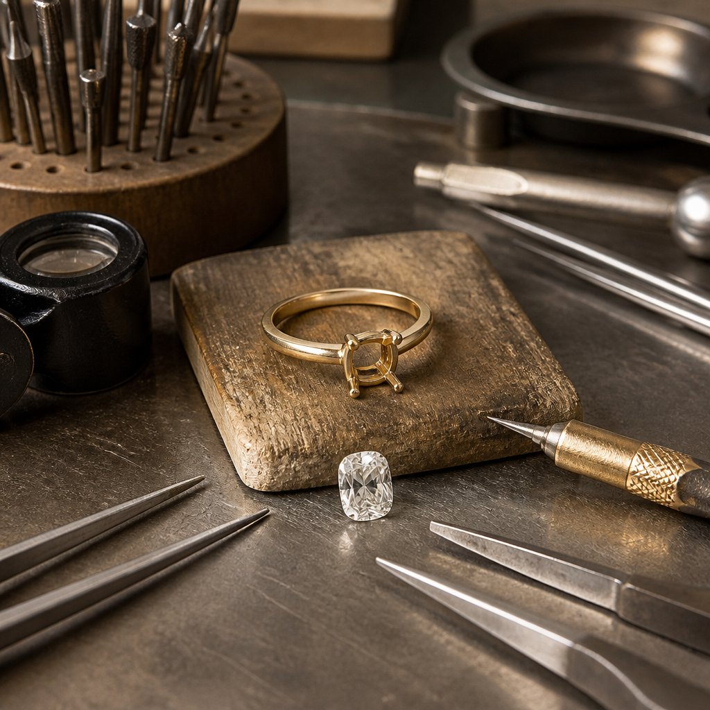 make an image of setting a center diamond into a ring. show the workbench area and the tools needed. Make the ring yellow gold and the diamond a 2ct elongated cushion. Do not show any hands or the jeweler at all, just the tools and the ring
photorealistic jewelry design, make an image of setting a center diamond into a ring. show the workbench area and the tools needed. Make the ring yellow gold and the diamond a 2ct elongated cushion. Do not show any hands or the jeweler at all, just the tools and the ring , just the design no text