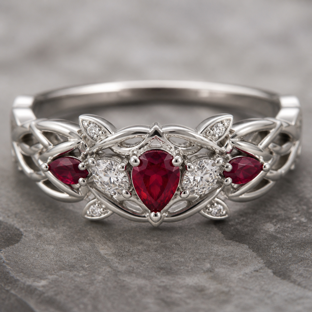 A celtic women's ring made of white gold with ruby and diamond stones, detailed and decorative, moderately ornate. create a nature inspired anniversary ring that uses multiple cuts of stones
photorealistic jewelry design, A celtic women's ring made of white gold with ruby and diamond stones, detailed and decorative, moderately ornate. create a nature inspired anniversary ring that uses multiple cuts of stones, celtic style, just the design no text