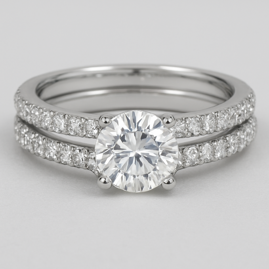 1 carat round stone with pave band and pave wedding band on each side 