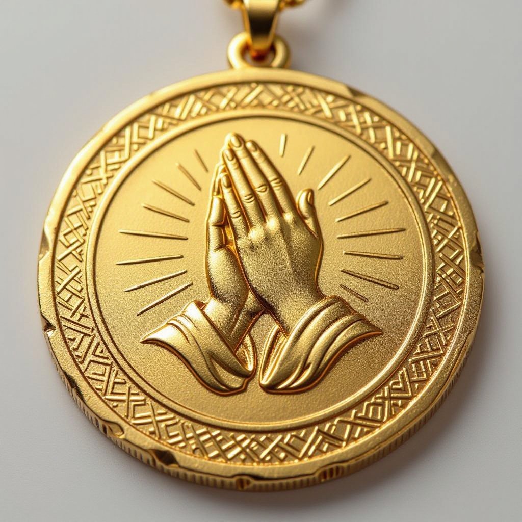 Золотой матовый медальон похожий на мятую монету с неровными краями. По кругу выгравированы изящные узоры. В центре выпуклые ладони, сложенные в молитве и от них исходит свет