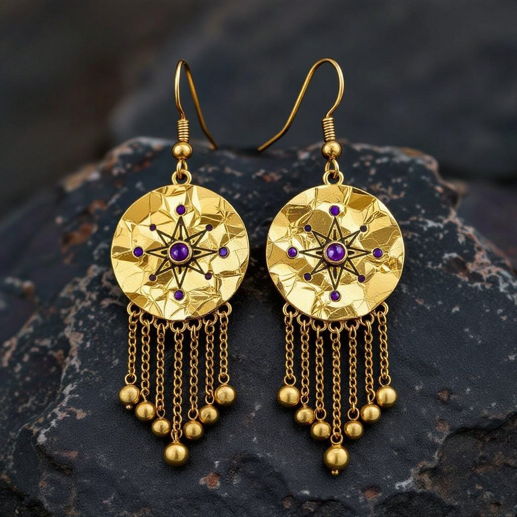Серьги длинные на цепочках матовое золото мятое. Символ схематично созвездие. Маленькие фиолетовые камушки