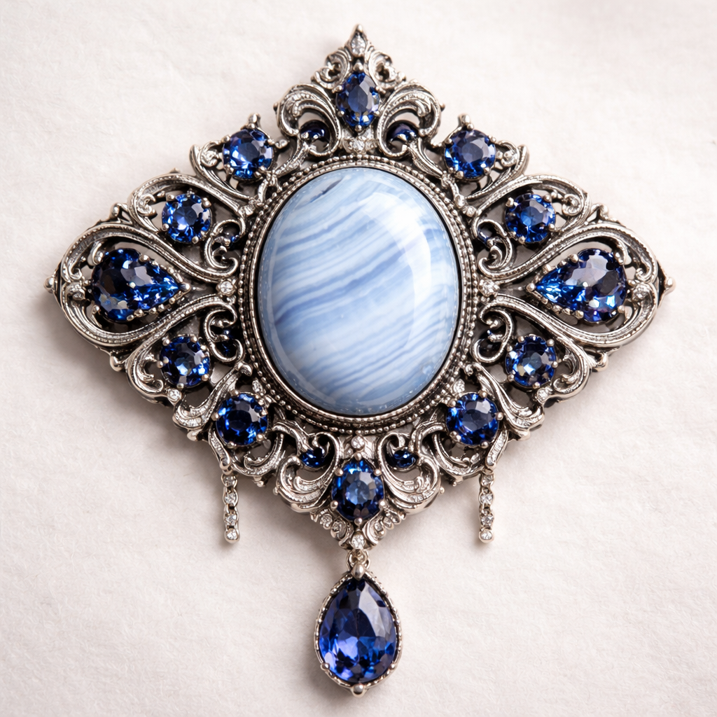 Make me a silver brooch with a blue lace agate for the middle and royal blue accents. Ouji aesthetic make it look royal