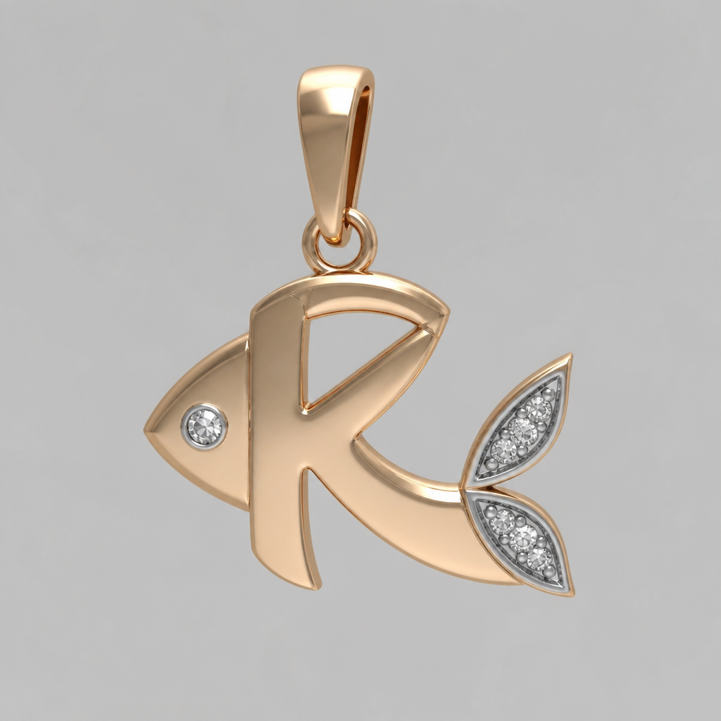 A women's ring. Кулон буквы К в виде рыбки
photorealistic jewelry design, A women's ring. Кулон буквы К в виде рыбки, modern style, just the design no text