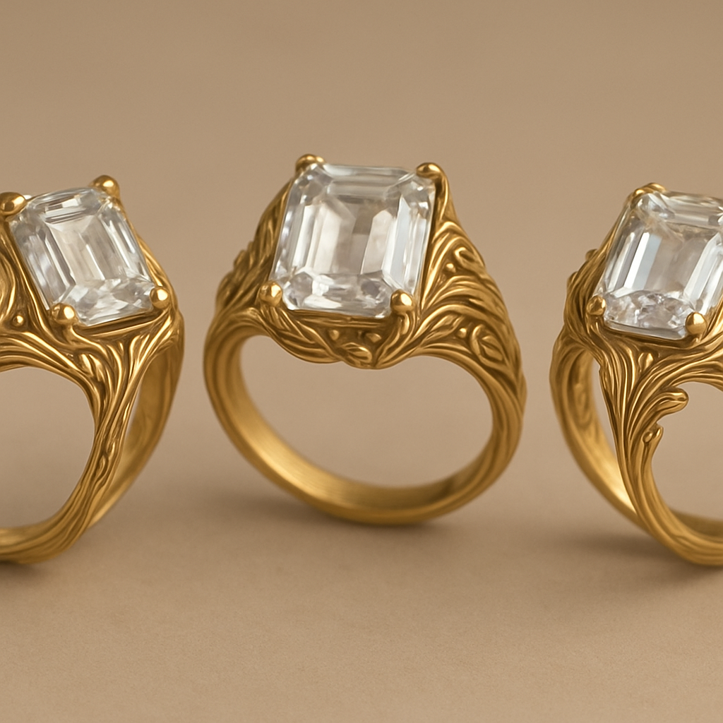 Design a gold ring for a woman inspired by the Elven style from The Lord of the Rings. 
The centerpiece is a rectangular clear crystal (16 x 13 mm) with an emerald cut. 
The ring should have flowing golden lines, delicate filigree details, and nature-inspired elements that feel magical and graceful, like something an elf queen would wear. 
The gemstone should be securely set and slightly raised above the band. 
Generate 3 elegant variations with realistic gold textures and soft jewelry lighting.
